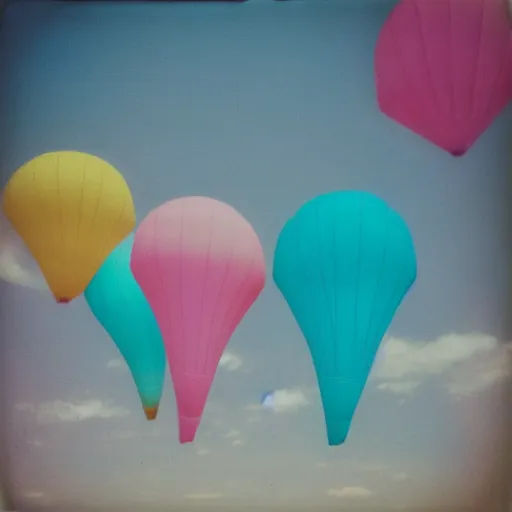 Image similar to a pastel colour Polaroid photo from a holiday album at a seaside abstract inflatable parachute object, all objects made of transparent iridescent Perspex no people, nostalgic