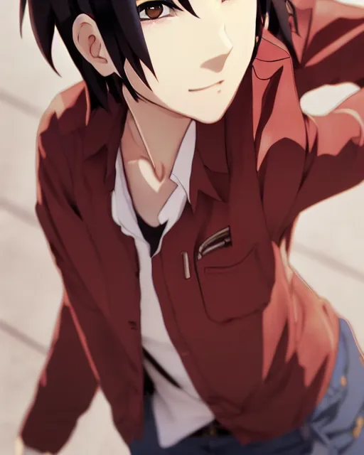 Prompt: makoto shinkai, artgerm, yoji shinkawa, ilya kuvshinov, beautiful anime woman, wearing full clothing, red shirt brown pants, clockpunk, black and red hair hair, symmetrical face, symmetrical eyes, full round face, short smile, detailed, summer setting, cinematic lighting