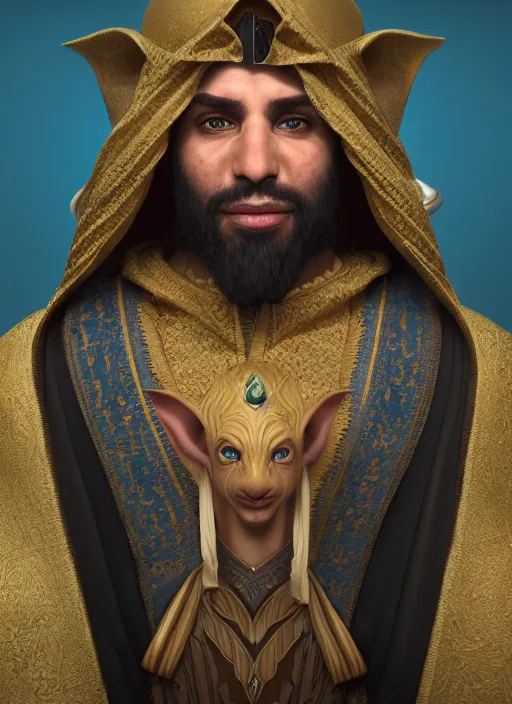 Image similar to portrait of sheikh mohammad ruler of dubai, drak fantasy goblin, trending in artstation, cinematic lighting, studio quality, smooth render, unreal engine 5 rendered, octane rendered, art style by klimt and nixeu and ian sprigger and wlop and krenz cushart.