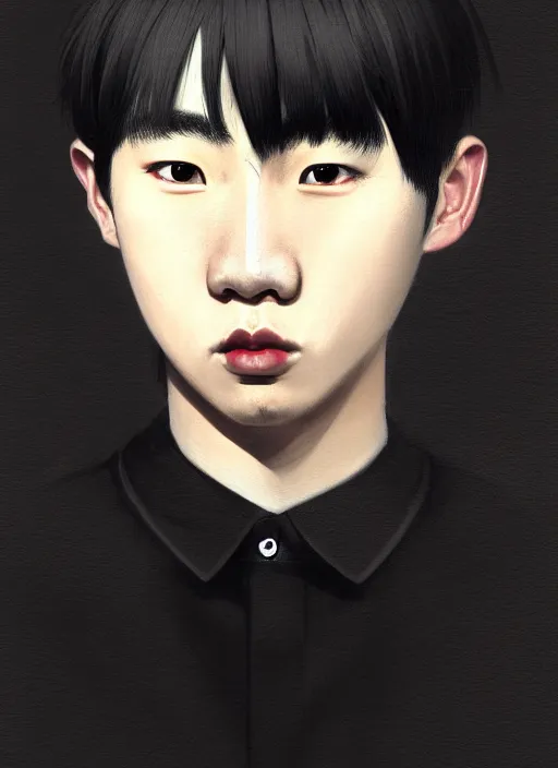 Image similar to portrait of an korean teen boy with a crooked nose and a confident expression, 1 9 6 0 s, black clothes, goth, punk, brightly coloured hair, funk, intricate, elegant, highly detailed, digital painting, artstation, concept art, smooth, sharp focus, illustration, art by wlop, mars ravelo and greg rutkowski