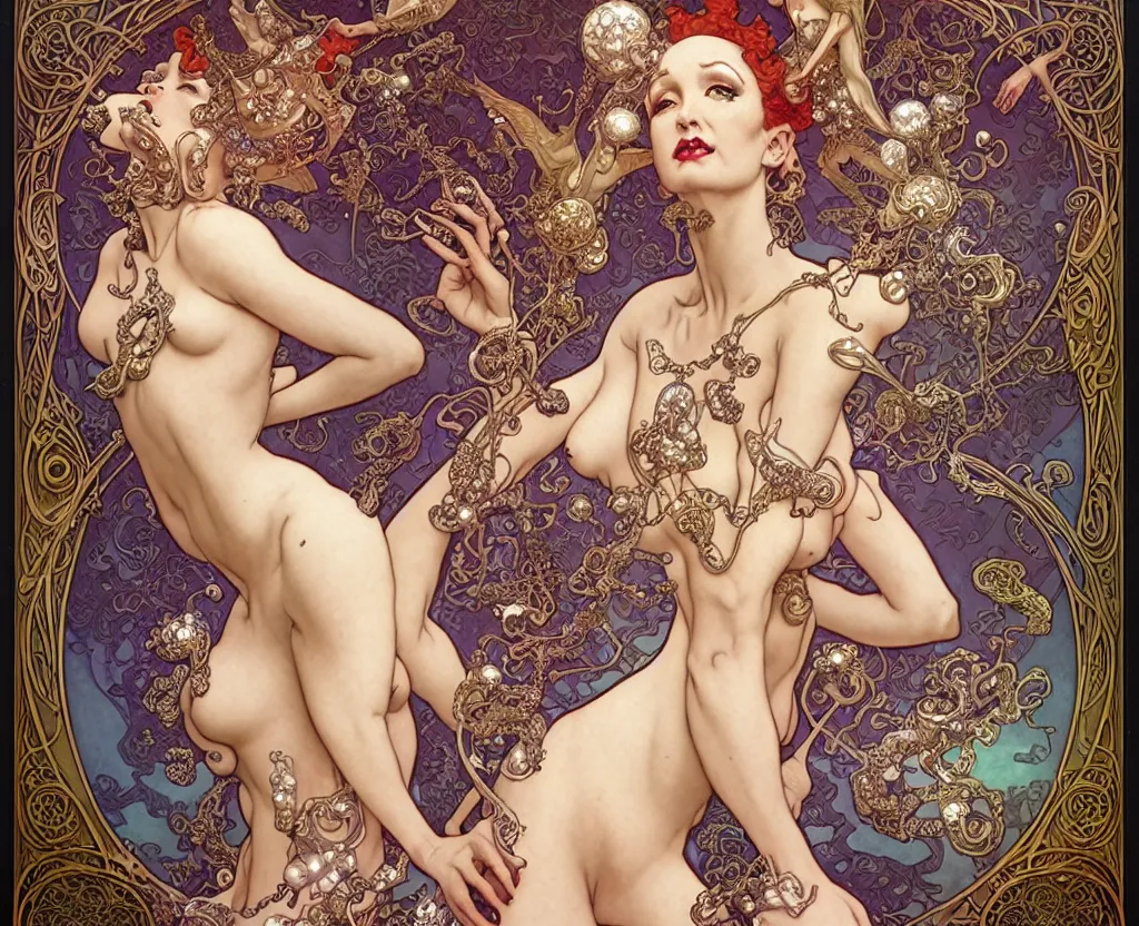 Image similar to beautiful burlesque dancer art nouveau fantasy character portrait, ultra realistic, intricate details, the fifth element artifacts, highly detailed by peter mohrbacher, hajime sorayama, wayne barlowe, boris vallejo, aaron horkey, gaston bussiere, craig mullins alphonse mucha, art nouveau curves swirls and spirals, doves flowers pearls beads crystals jewelry goldchains scattered