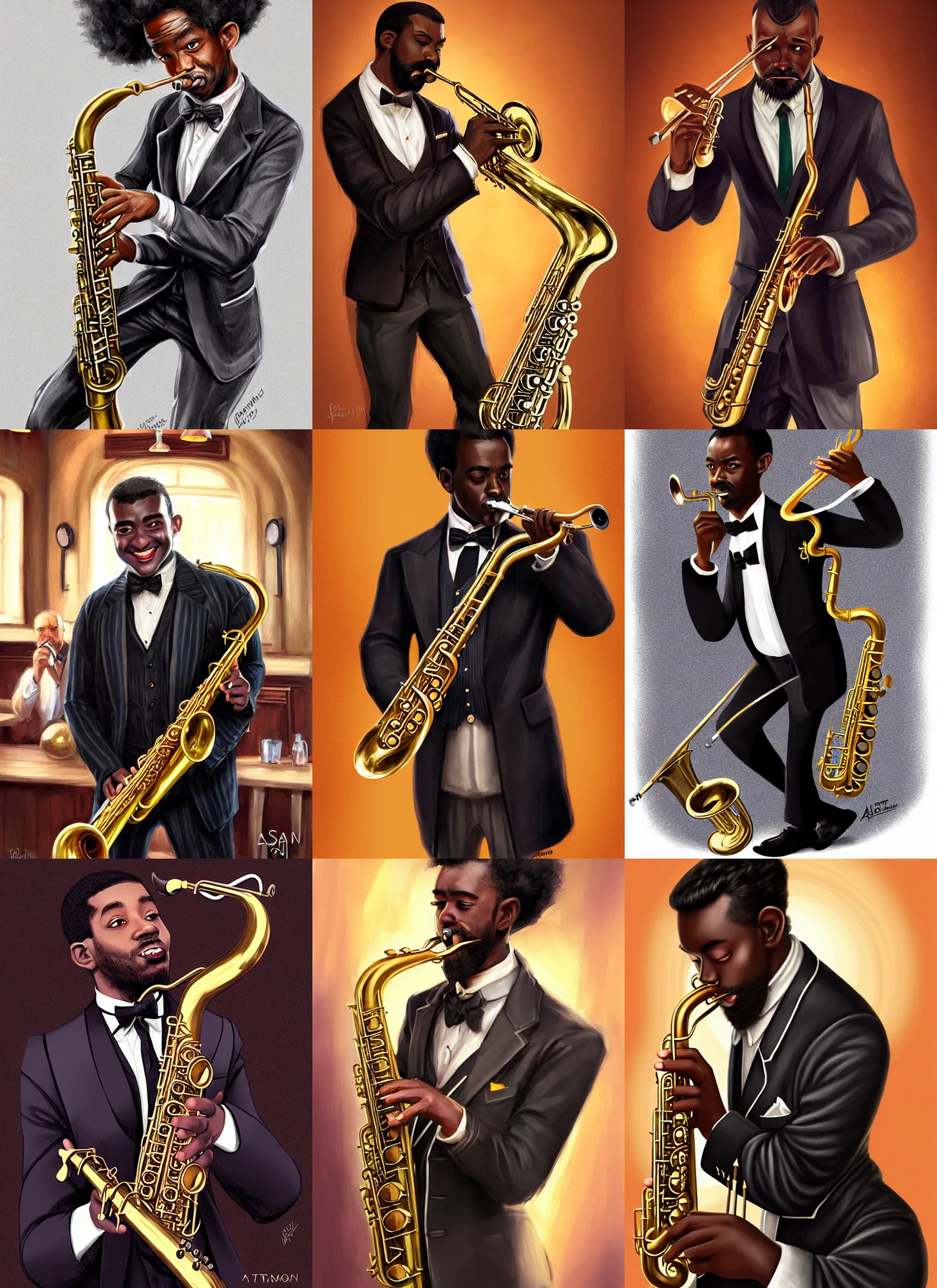 Prompt: picture of a jazz playing tolkien dwarf in a pub, male, black skin, saxophone, tuxedo, face details, shapely, extremely detailed, smooth, sharp focus, digital illustration, by artgerm, rossdraws, sakimichan