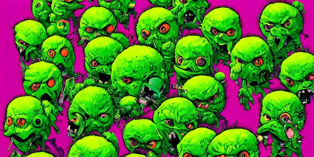 Image similar to an army of cute different green tennis ball monsters, colorful, digital art, fantasy, magic, chalk, trending on artstation, ultra detailed, detailed, fine details, professional illustration by basil gogos