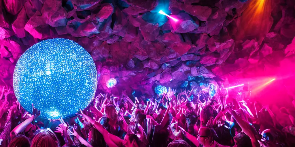 Prompt: cinematic shot of a goth disco nightclub in a cave, sphere of knives made of pink lasers and blue crystals, people dancing, 8k photo, award winning, masterpiece