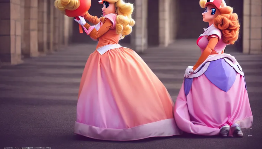 Image similar to amazing cosplay of princess peach from mario, symmetrical, cinematic, real photography, elegant, 4 k, ultra hd, cosplay journal cover