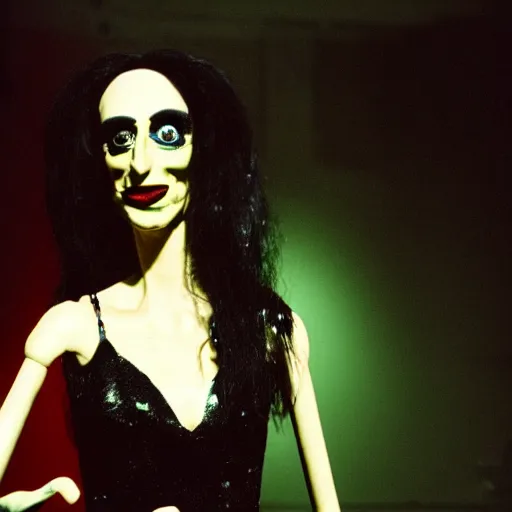 Prompt: Diamanda Galas ventriloquist dummy, 35mm film