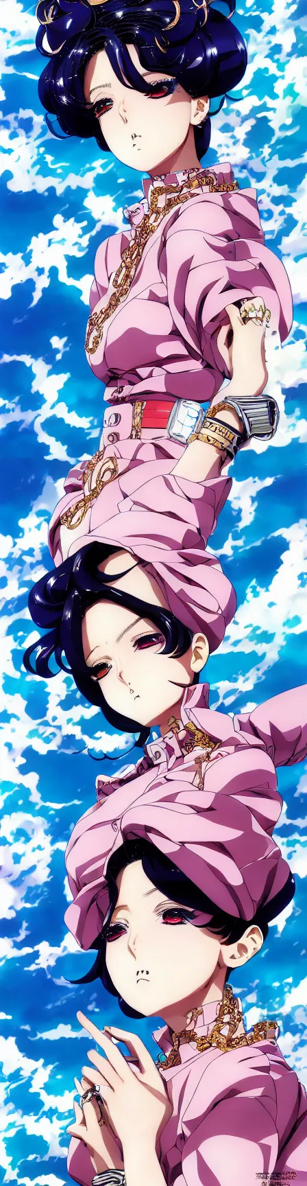 Image similar to Magazine Cover Anime key visual of a Gucci girl; official media; typography; drawn by Hirohiko Araki; Jojo's Bizarre Adventure; Jojolion, portrait, made by Stanley Artgerm Lau, WLOP, Rossdraws, James Jean, Andrei Riabovitchev, Marc Simonetti, Yoshitaka Amano, ArtStation