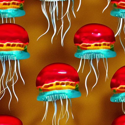 Image similar to hamburger mix jellyfish, cg, 8 k, style by andy warhol