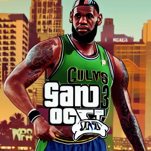 Prompt: Lebron james in GTA V, Los Santos on the background, cover art by Stephen Bliss, artstation, no text