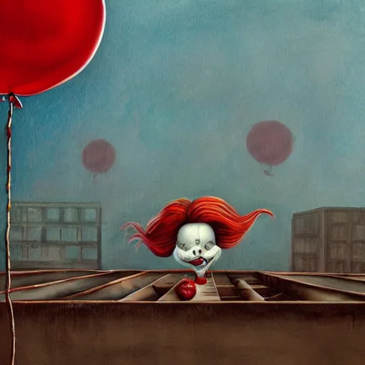 Image similar to grunge painting of a rooftop with a wide smile and a red balloon by chris leib, loony toons style, pennywise style, corpse bride style, horror theme, detailed, elegant, intricate, conceptual, volumetric light