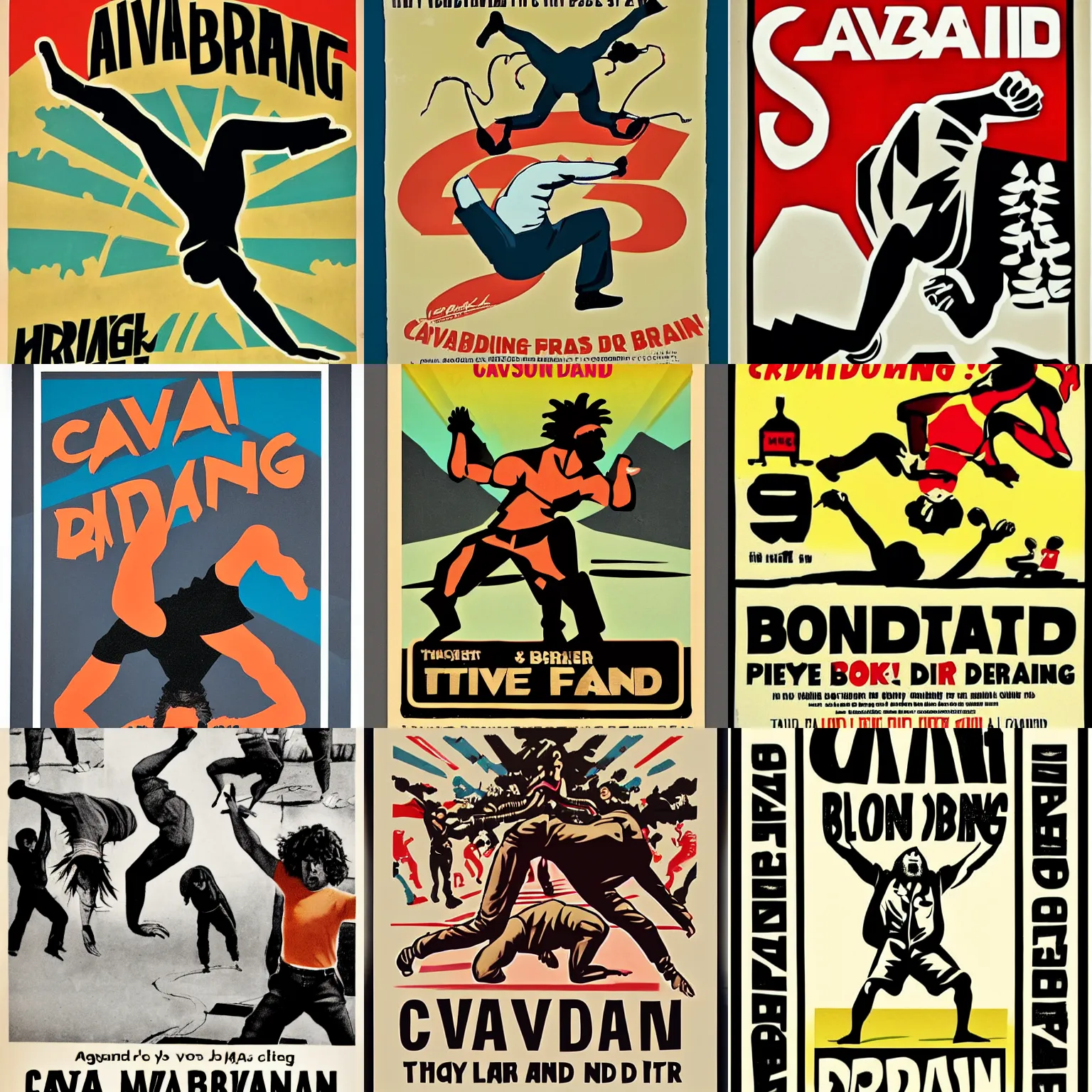 Prompt: propaganda poster of caveman break dancing