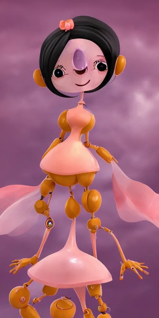 Image similar to very beautiful peach cartoon character robots need love