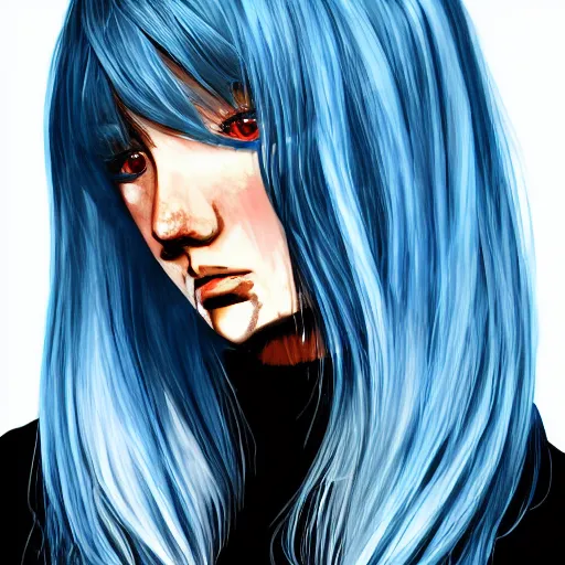 Image similar to full face shot of rimuru tempest, sky blue straight hair, long bangs, with amber eyes, wearing a fancy black jacket, high collar, ultra detailed, brush strokes, digital painting, cinematic, wlop artstation, closeup, pixiv, intense, intimidating glare, photorealistic, overpowering, andy warhol,