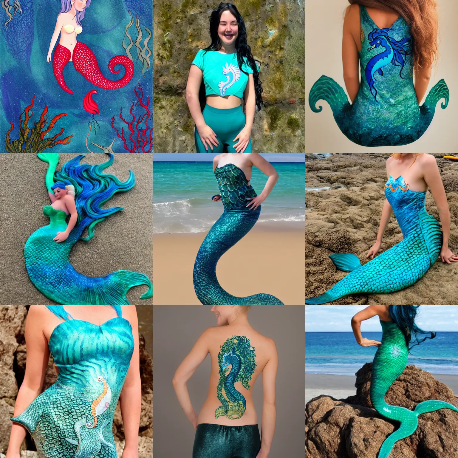 Prompt: mermaid with a seahorse tail, wears a seaweed top