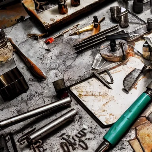 Prompt: A close-up shot of a metal table with laboratory tools and materials in an abandoned biopunk laboratory,