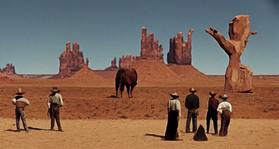 Image similar to film still showing cowboys looking at a gigantic abstract sculpture in the desert directed by Sergio Leone, western, monument valley, cinemascope, technicolor
