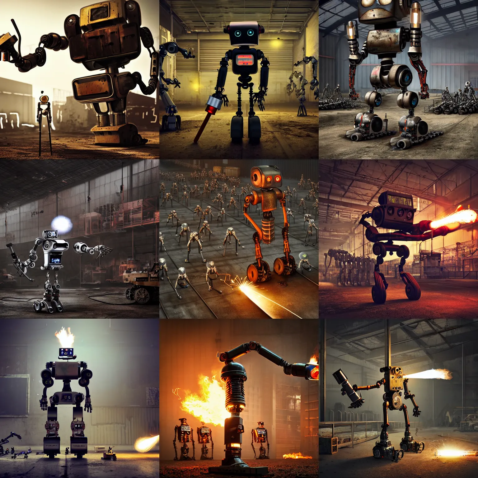 Prompt: a realistic deranged robot holding a welding torch over its head, standing in front of dozens of robots inside a huge rusty dingy warehouse, army of robots, raygun gothic, atomic punk, digital art, detailed octane render, high angle