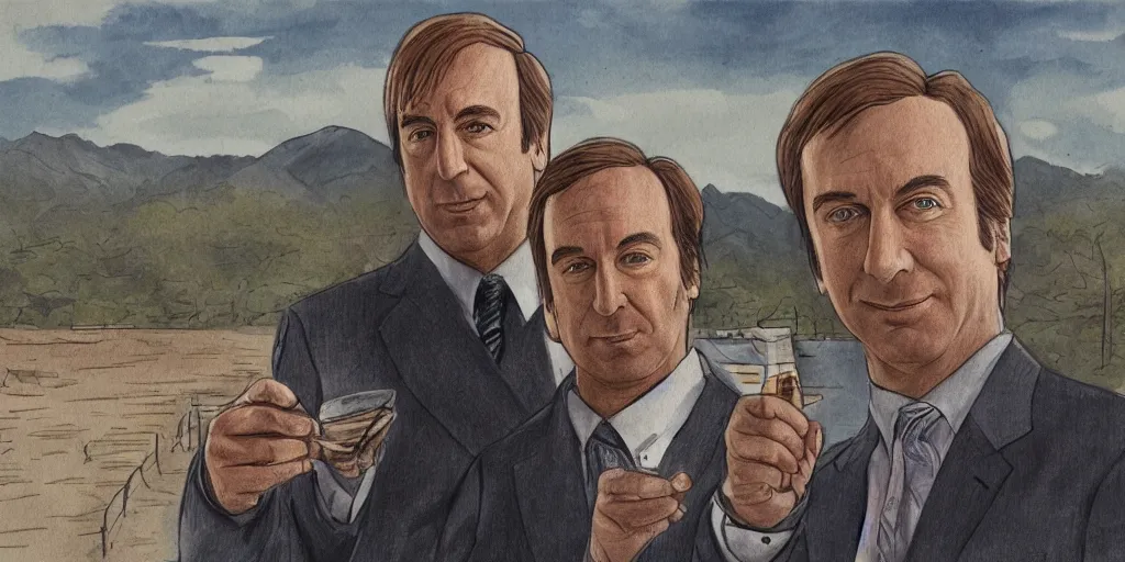 Image similar to a detailed sketch of saul goodman on holiday in korea