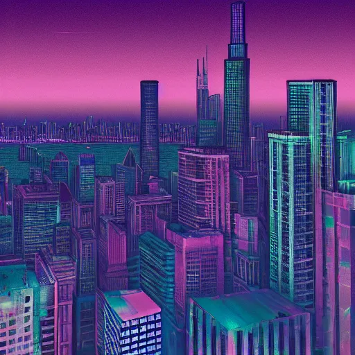 Image similar to Vaporwave Chicago Skyline, digital art, ultradetailed, moody, trending on reddit, trending on artstation, 8K high quality