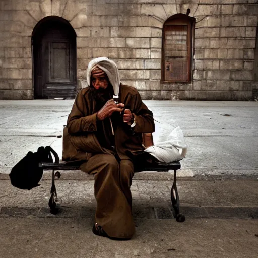 Prompt: homeless millionaire, in expensive clothes and with a cigar, by Steve McCurry, clean, detailed, award winning