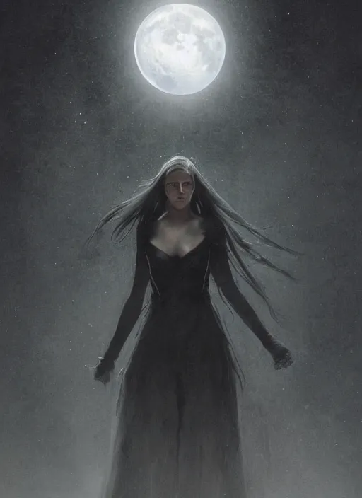 Image similar to at the top: symmetrical centered portrait of Anna Millerstone as a Dark evil witch, big moon in the background, at the bottom: empty space, dramatic lighting, book cover illustration by Greg rutkowski, yoji shinkawa, 4k, digital art, concept art, trending on artstation, golden silver elements, empty grey space at the top, flower elements