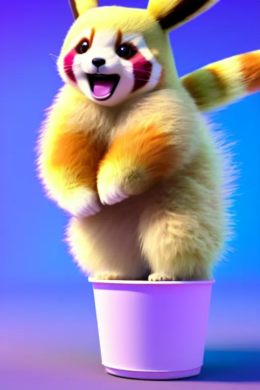 Prompt: high quality 3 d render hyperrealist very cute pastel fluffy! red panda & kaola hybrid eating giant ice cream full body, vray smooth, in the style of detective pikachu, hannah yata charlie immer, very dramatic violet light, low angle, uhd 8 k, shallow depth or field