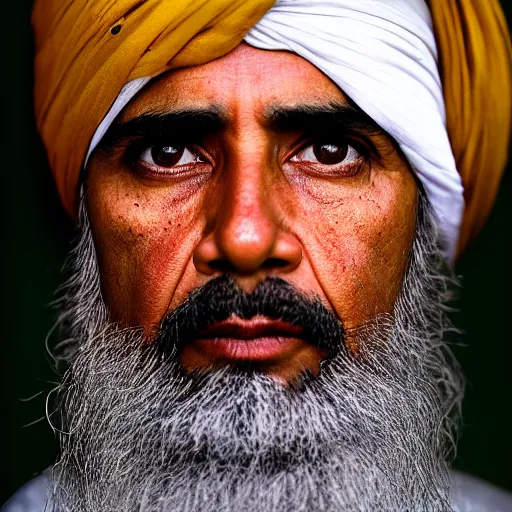 Image similar to portrait of president barack obama as afghan man, green eyes and red turban looking intently, photograph by steve mccurry