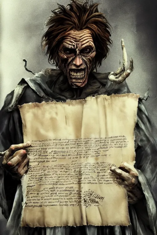 Image similar to A deranged filthy man looking like Willem Dafoe wearing long dark damaged ripped robes holding a magic paper scroll, long fingernails, unclipped fingernails, sharp fingernails, focus on face, sharp focus, digital painting, trending on artstation, concept art, fantasy, medieval, D&D