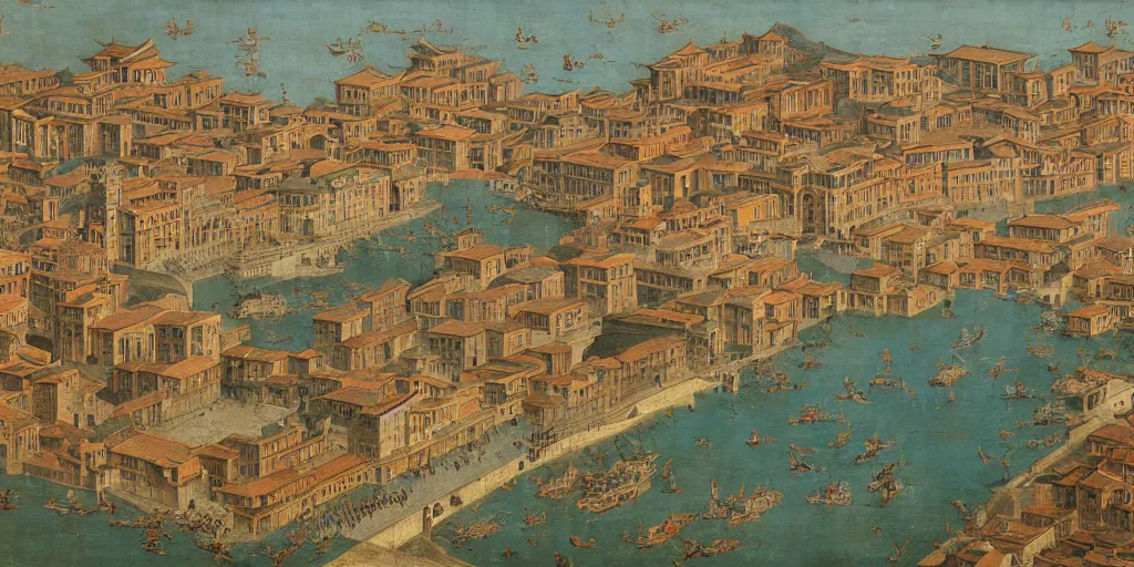 Image similar to A huge ancient Chinese port city, oil paintings, late medieval art, 13th century paintings, Siena school, Giotto, Marco Polo, highly detailed and impressive, 8k