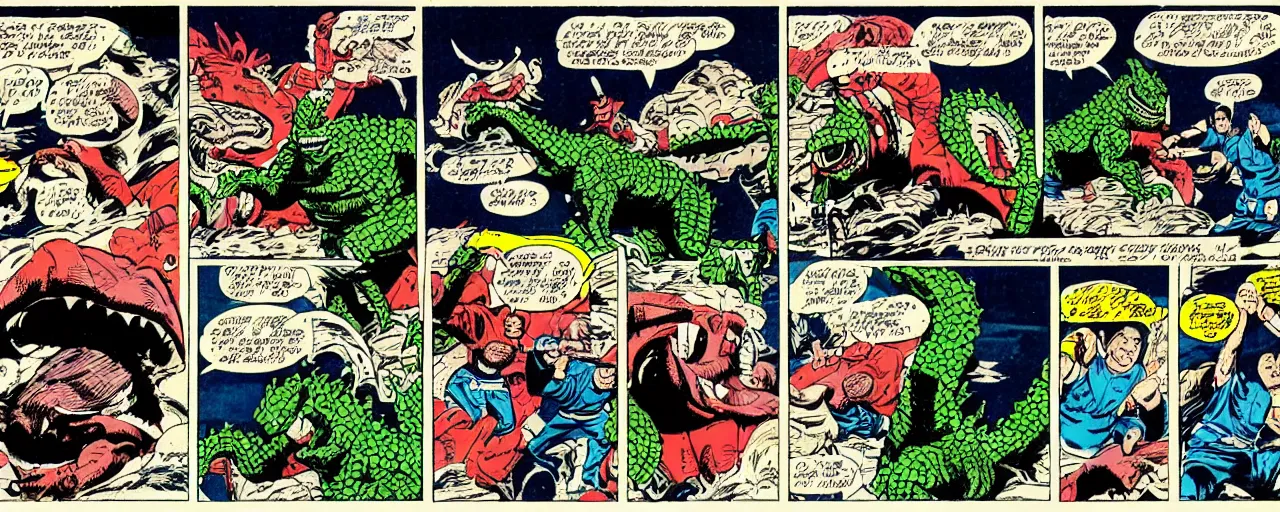 Image similar to godzilla dunking on shaq, marvel comic 1 9 6 0's style, comic strip