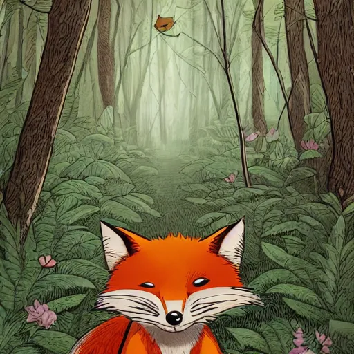 Image similar to childrens book illustration of a cute cartoon fox in the woods, style of moebius, james jean, mcbess, cinematic, highly detailed, award winning, 8 k photorealistic