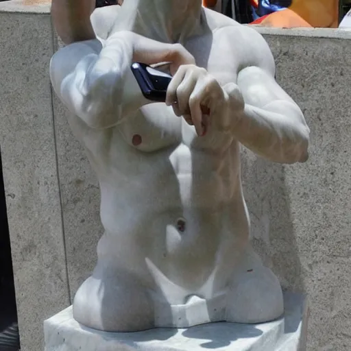 Prompt: marble sculpture of a man holding a phone to take a selfie