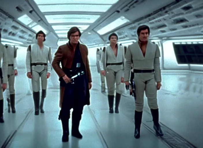 Image similar to screenshot of Han Solo dressed up as an imperial officer, iconic scene from 1970s spy thriller film directed by Stanley Kubrick, in a sci-fi shipping port, last jedi, 4k HD, cinematic lighting, beautiful portraits, moody, stunning cinematography, anamorphic lenses, kodak color film stock