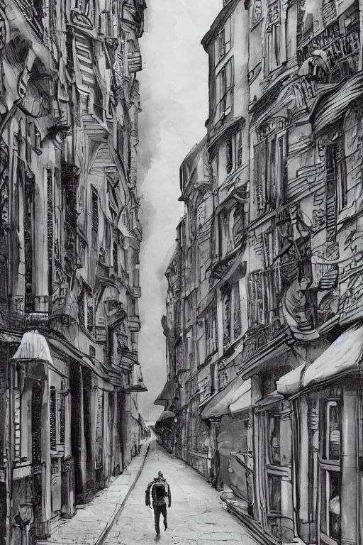 Image similar to in the foreground a Parisian street, in the background a dark-haired man from behind wearing a long matrix style jacket and starting to fly away, realistic, high definition, great detail, dramatic scene, detailed and realistic hands, symmetrical face, realistic eyes, art of dave gibbons