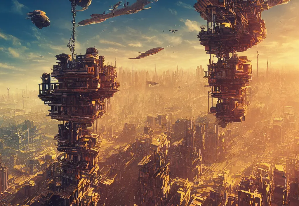 Image similar to flying city by alena aenami, zeppelin dock, city in the air, buildings are flying, steampunk, digital art, 4 k, trending on artstation, impressive, epic composition, highly detailed, golden hour, no ground