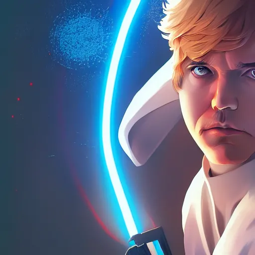 Image similar to George Lucas as Luke Skywalker, ambient lighting, 4k, anime key visual, lois van baarle, ilya kuvshinov, rossdraws, artstation