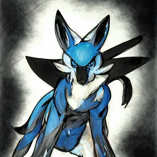 Prompt: Lucario from Pokemon in Yoji Shinkawa's art style, high detail,
