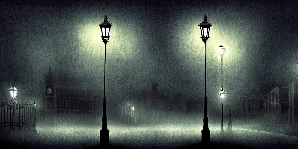 Image similar to epic illustration of night city with victorian street lamp in a foggy field by tim burton