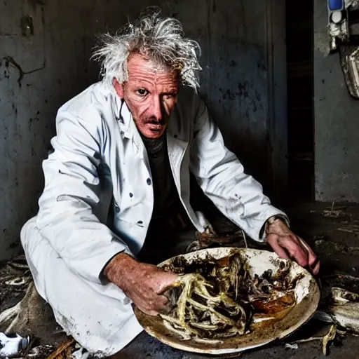 Prompt: A feral and dishevelled doctor in his natural habitat feeding on a rotten carcass. He is in his forties and wearing a white dirty worn out doctor\'s coat. 4K, National Geographic photograph