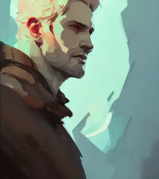 Image similar to portrait of cullen from dragon age by atey ghailan, by greg rutkowski, by greg tocchini, by james gilleard, by joe fenton, by kaethe butcher, dynamic lighting, gradient light blue, brown, blonde cream and white color scheme, grunge aesthetic