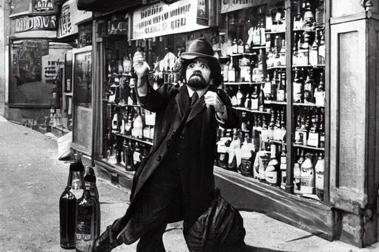 Image similar to peter dinklage robbing a liqour store, in the style of eugene atget and peter witkin