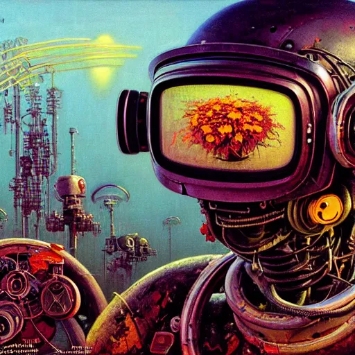 Prompt: junky flower, cybertronic gadgets and vr helmet, durty colours, rotten textures, rusty shapes, biotechnology, norman rockwell, tim hildebrandt, dariusz zawadzki, bruce pennington, larry elmore, hyperrealistic oil painting on canvas, deep depth field, masterpiece, cinematic composition, hyper - detailed