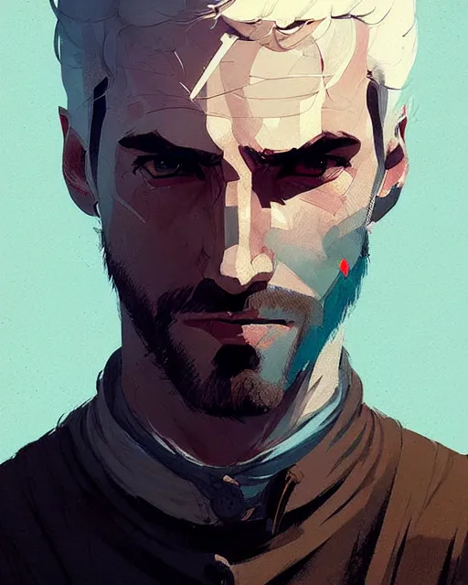 Image similar to portrait of 3 0 years old man from witcher by atey ghailan, by greg rutkowski, by greg tocchini, by james gilleard, by joe fenton, by kaethe butcher, dynamic lighting, gradient light blue, brown, blonde cream and white color scheme, grunge aesthetic