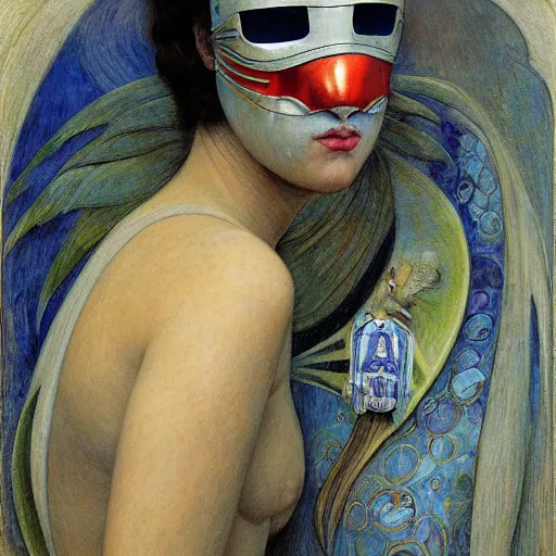 Prompt: the bird queen with her robot mask, by annie swynnerton and diego rivera and elihu vedder and jean delville, symbolist, dramatic lighting, elaborate geometric ornament, head and shoulders view, art brut, soft cool colors, smooth, sharp focus, extremely detailed, adolf wolfli, donato giancola