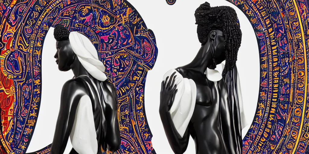 Prompt: masterpiece of a glossy black marble statue of an african girl with colorful african pattern logos in the background in the style of virgil abloh, very very beautiful, detailed, realistic carved marble statue, fine art, off white, heron preston, techno, rave, 8 k, 4 k, detailed, realistic, beautiful, symmetrical, vogue, paris, fashion