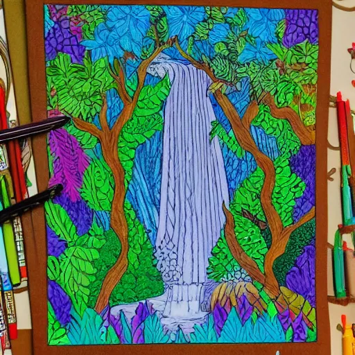 Image similar to an adult coloring page of a waterfall in the enchanted forest, light detail