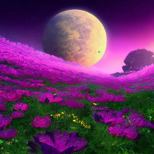 Prompt: Landscape photo of beautiful alien world, with purple skies and large flowers, wallpaper, 8k, award winning photo