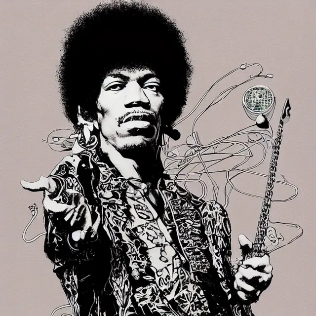 Image similar to a portrait of jimi hendrix with voodoo electronics by moebius