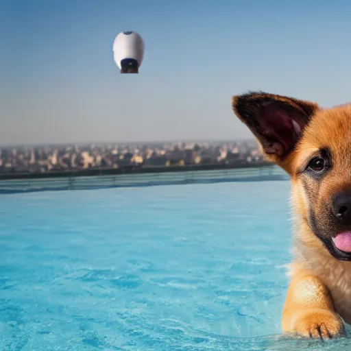 Image similar to a swanky gsd puppy relaxing at the pool on a penthouse rooftop with a futuristic blimp anchor in the background, 8K, 4K, UE5, Octane, RTX, Ray Tracing, Bokeh, happeening