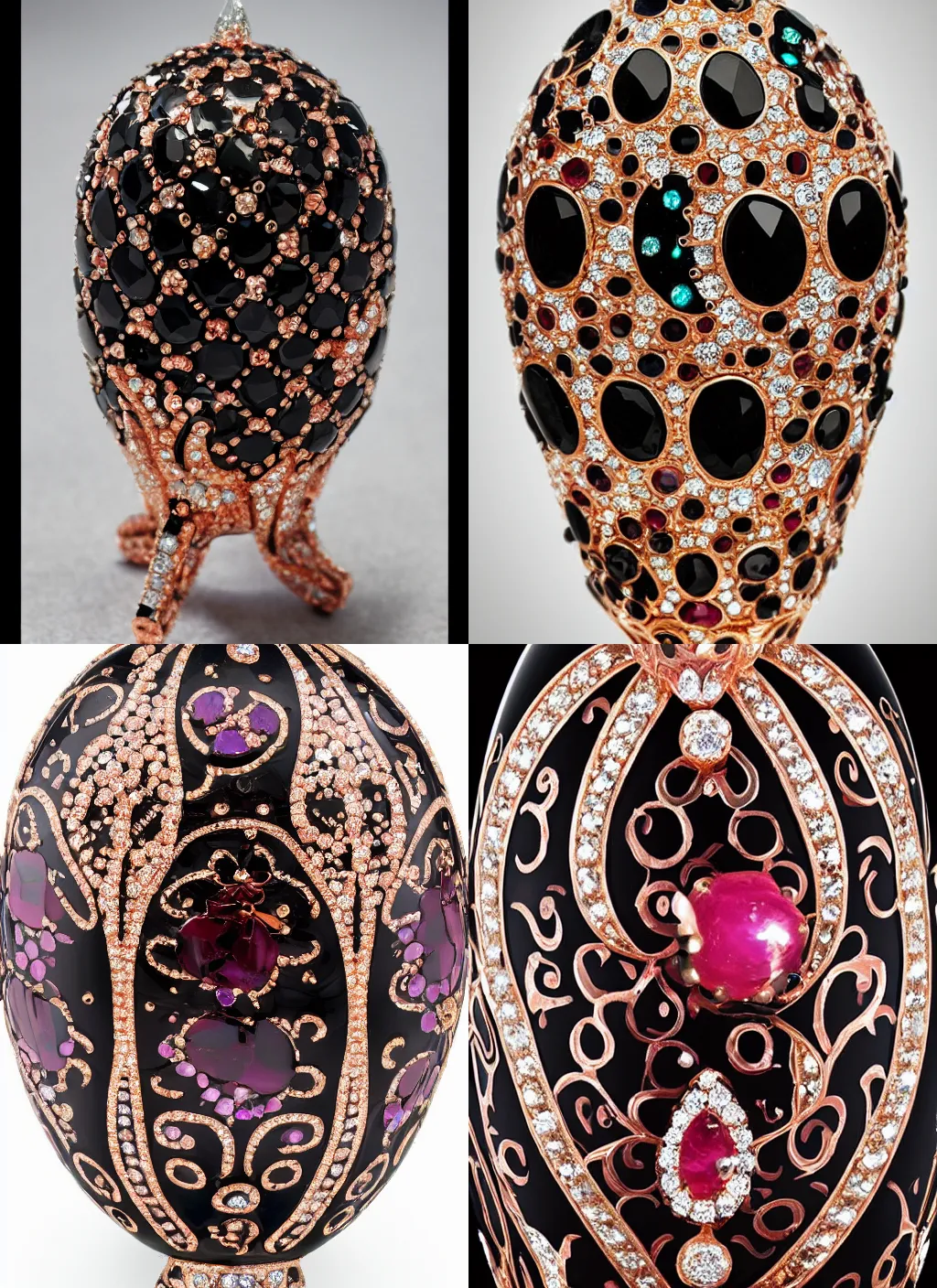 Prompt: elaborate faberge egg black and rose gold diamonds opals rubies ornate, 4 k, reflections